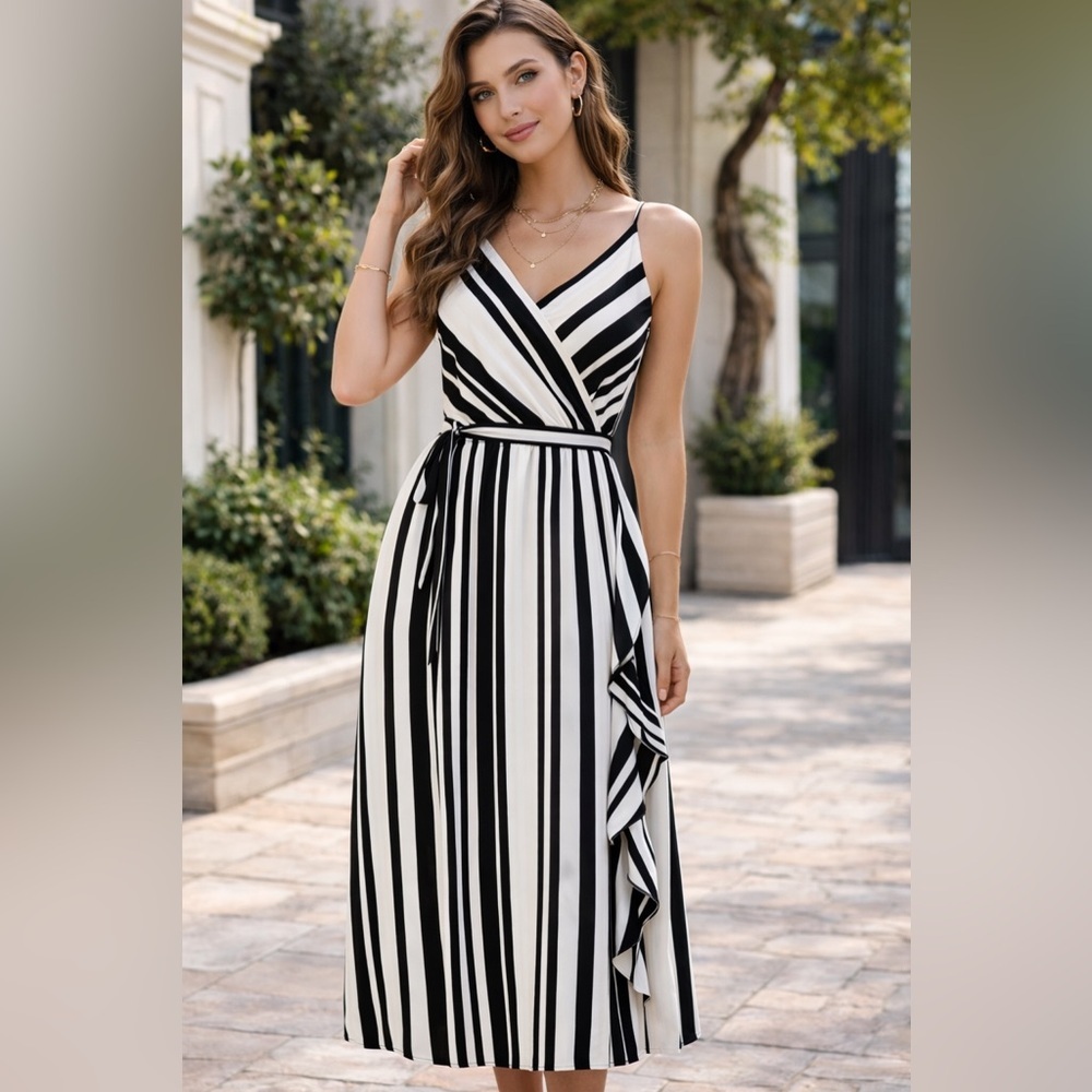 LOFT Outlet Striped Faux Wrap Midi Dress - Size Small